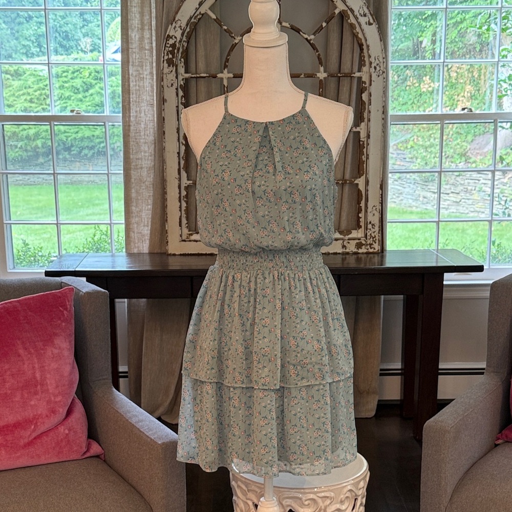 Sleeveless Floral Tiered Mini Dress - Sage Green